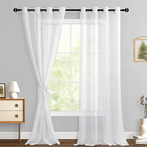 Miniatura 35 de Hiasan - Cortinas traslúcidas de gasa cortas semitransparentes con ojales y alzapaños filtrantes de luz para ventana, dormitorio, baño, 2 paneles