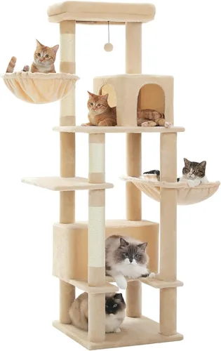PEQULTI Árbol para gatos de interior de 66 pulgadas, torre grande para gatos con poste rascador cubierto de sisal, hamaca de metal súper grande [20