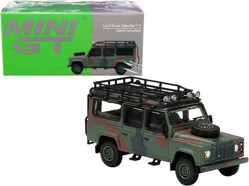 Land Rover Defender 110 RHD (volante a la derecha) con portaequipajes militar camuflaje 1/64 modelo de coche fundido a presión por True Scale
