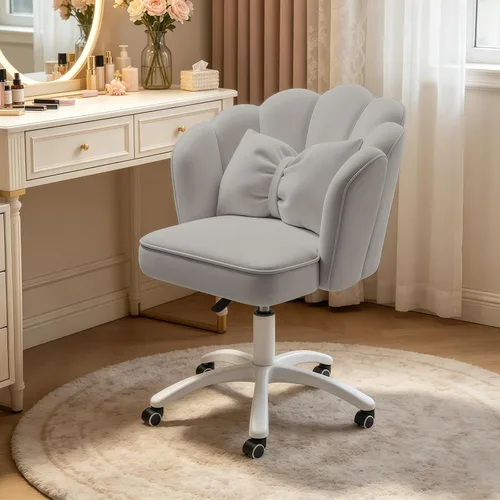 Miniatura 10 de Petal - Silla de escritorio con cojín de lazo, silla de tocador de terciopelo con ruedas, silla tapizada de oficina en casa para niñas y mujeres