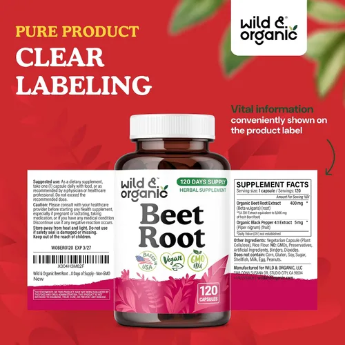 Miniatura 7 de Wild & Organic Cápsulas de raíz de remolacha de 8000 mg - Extracto de remolacha 20:1 - 120 cápsulas veganas - Extracto de pimienta negra para una
