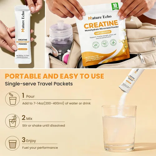 Miniatura 3 de Monohidrato de creatina en polvo micronizado - 10 paquetes de viaje de una sola porción 0.18 oz - Creatina limpia y sin sabor para hombres y mujeres