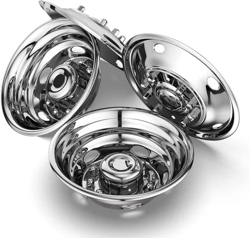 Miniatura 16 de Simulador de rueda doble de acero inoxidable pulido de 16", tapacubos atornillados de 4 piezas, cubierta de rueda de 8 tuercas y 8 agujeros de mano