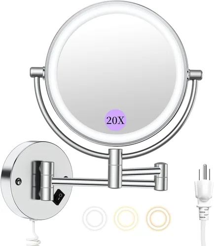 Wall Mounted Makeup Mirror with Lights, Double-Sided Magnifying, Plug-in Lighted Vanity Mirror with 3 Color Modes, 20X/1X Dimmable Brightness, 360°