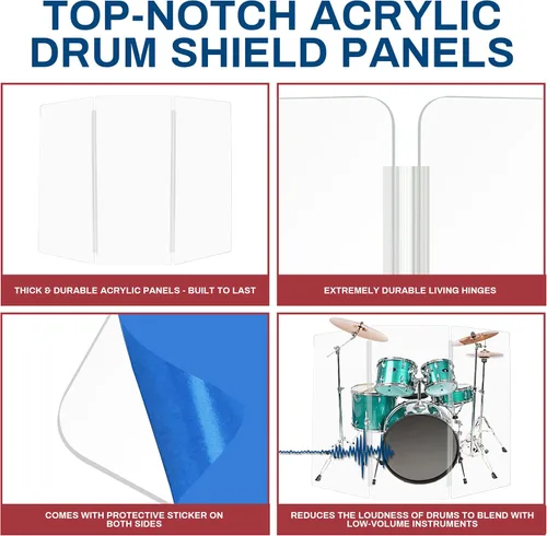 Miniatura 4 de PENNZONI Drum Shield de 4 pies con bisagras de plástico, viene con 3 paneles de batería y bisagras de plástico, paneles de acrílico transparente