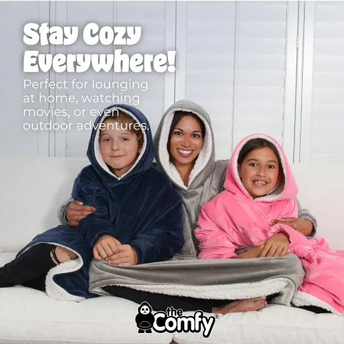 Miniatura 6 de THE COMFY Original Jr para niños Manta de sherpa de forro polar de gran tamaño con capucha y bolsillo Vista en Shark Tank Azul