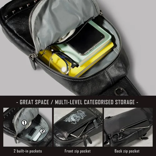 Miniatura 4 de Bolso bandolera pequeño de cuero genuino para hombres Crossbody, bolso negro de hombro de calavera para hombre, mochila de una sola correa, Negro