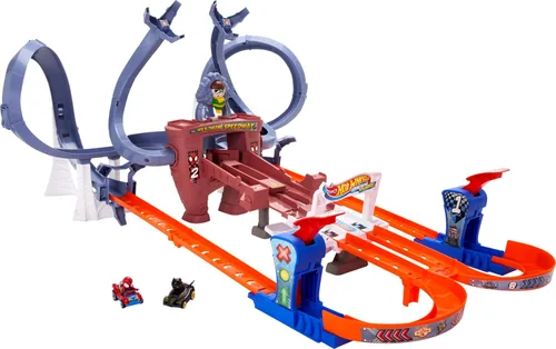 Hot Wheels RacerVerse - Juego de pistas para autos de juguete, Spider-Man's Web-Slinging Speedway, 2 corredores a escala 1:64: Spider-Man y Black