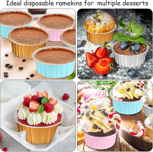 Miniatura 5 de Thenshop 150 tazas de papel de aluminio para hornear con tapas, moldes desechables de 5 onzas, mini moldes para pasteles, moldes para magdalenas