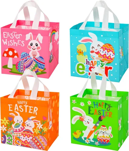 Miniatura 7 de SULOLI Bolsas de regalo de Pascua, bolsas de compras no tejidas de Pascua con asas para fiestas de vacaciones (paquete de 8), Verde, naranja, rosa