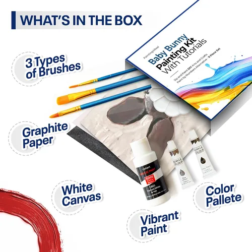 Miniatura 4 de Kit de pintura artística para adultos con tutoriales en video - Aprende a pintar Baby Bunny - Juego de pintura acrílica de 9 piezas y suministros