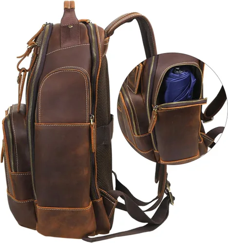 Miniatura 6 de Lannsyne Mochila vintage de cuero de grano completo para hombre de 15.6 pulgadas, mochila para laptop de camping y viajes, mochila de 24 L, Marrón