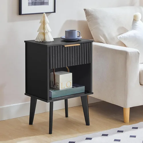 Miniatura 3 de MAHANCRIS Mesita de noche negra acanalada, moderna mesita de noche con cajón y almacenamiento de apertura, mesita de noche con patas de madera, mesa