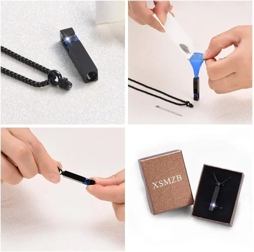 Miniatura 5 de XSMZB Joyería de urna de cremación de cristal, cubo de cenizas conmemorativas, collar colgante de recuerdo, serie de piedra natal negra