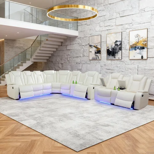 Miniatura 42 de Juego de sofá modular reclinable eléctrico para sala de estar, juego de sofá reclinable de cuero con luces LED / almacenamiento oculto, sofá