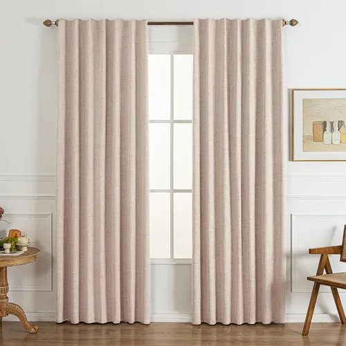 Miniatura 12 de Cortinas opacas de 120 pulgadas, 2 paneles de 100% bloqueo de luz, aislamiento térmico y reducción de ruido, mezcla de lino plisado con gancho