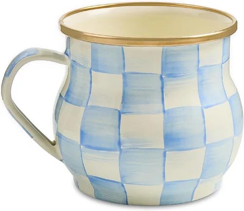 Miniatura 7 de MACKENZIE-CHILDS Taza de esmalte, linda taza de café y té de esmalte, vajilla única, 16 onzas, cuadro de corte negro y blanco, juego de 4