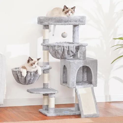 Miniatura 2 de Hey-brother Árbol para gatos, torre para gatos de interior, casa para gatos con cama acolchada grande, condominio acogedor, hamacas, postes claro