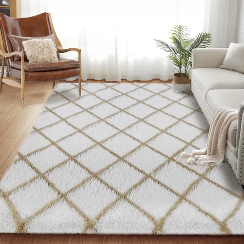 Miniatura 21 de Alfombra de área súper suave en blanco y negro, de 5 x 7 pies, alfombra clásica a cuadros de pelo alto mullida para dormitorio, sala de estar, Negro