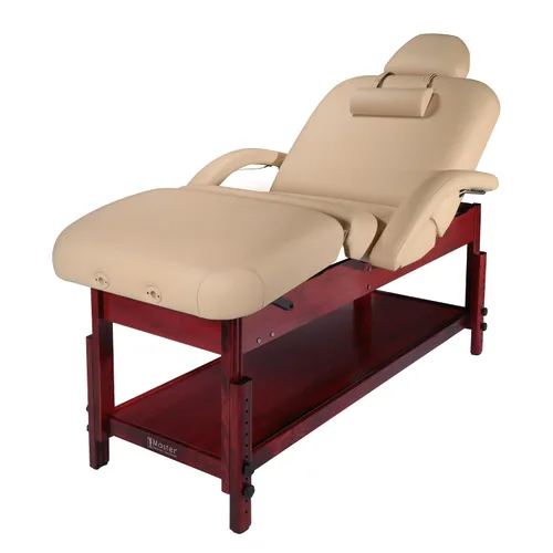 Master Massage Claudia Mesa de masaje estacionaria con respaldo inclinado neumático y reposapiernas, color crema con patas de caoba, 30 pulgadas