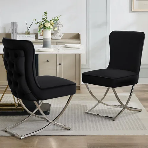 Miniatura 19 de WUTUTUEE Sillas de Comedor de Terciopelo de Lujo, Sillas de Acento Capitoné Tapizadas Sin Brazos con Patas de Metal Plateado en Forma de X, Juego