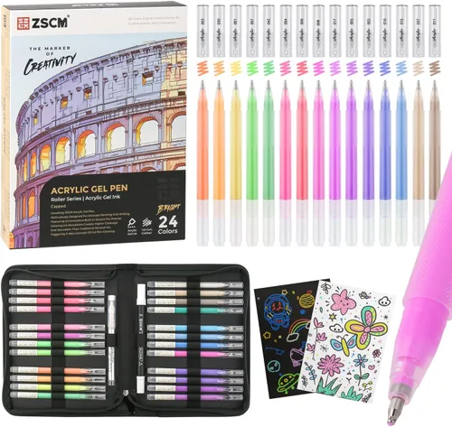 ZSCM Bolígrafos de gel acrílico 3D de 24 colores y cuaderno de bocetos de papel negro para dibujo, bolígrafo de tinta acrílica de punta fina de 0.04