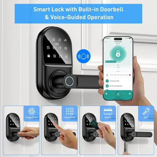 Miniatura 3 de Cerradura inteligente de puerta con teclado y asa, cerradura digital de entrada sin llave con huella dactilar con timbre incorporado para puerta