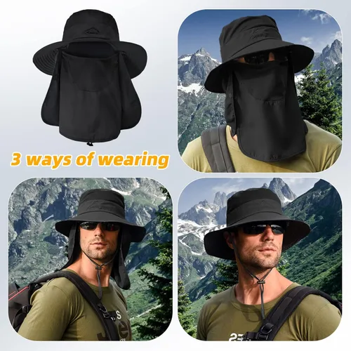 Sombrero de pesca para hombre, sombrero de protección solar con malla extraíble, cubierta de solapa para el cuello, correa resistente al viento para