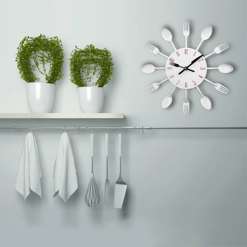 Miniatura 4 de Timelike Reloj de pared de cocina, 3D extraíble, moderno, creativo, cubiertos, cuchara, tenedor, reloj de pared, espejo, calcomanía de pared, Blanco