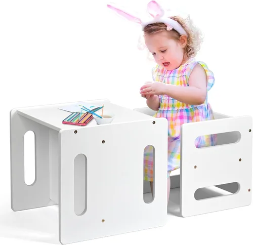 Miniatura 8 de Juego de mesa y silla para niños, mesa y silla de destete Montessori, silla de escritorio pequeña de bambú natural, juego de mesa de actividades