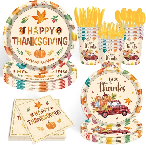 140 piezas Decoraciones de Fiesta de Acción de Gracias Feliz Otoño Platos de Hojas de Arce y Servilletas Juego de Vajilla para Cosecha de Otoño