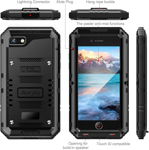 Miniatura 5 de Beasyjoy Funda de Metal para iPhone SE 2022/2020/8/7, Funda Impermeable Resistente con Protector de Pantalla, Protección de Cuerpo Completo Grado