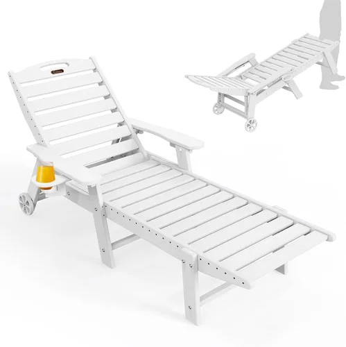 Miniatura 30 de Ciokea Silla de Descanso para Exteriores, Tumbona de Gran Tamaño con 5 Posiciones, HDPE, Silla de Descanso de Patio con Ruedas y Portavasos para Gris
