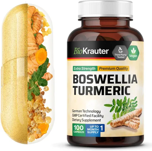 BIO KRAUTER® Suplemento de curcumina de cúrcuma con boswellia para apoyo de la movilidad, cúrcuma vegana con pimienta negra y extracto de boswellia,