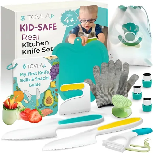 Tovla Jr. Ultimate Montessori - Juego de regalo de cocina para niños, cuchillo real, picador, guantes de seguridad, pelador, cortadores, tabla de