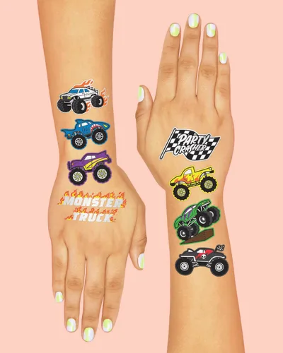 Miniatura 4 de xo, Fetti Monster Truck Party Supplies - Tatuajes temporales - 42 estilos metálicos Camiones, coches grandes, líneas de acabado + llamas