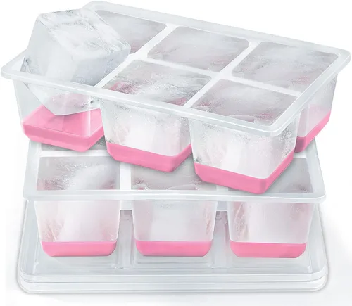 Miniatura 8 de Bandejas para cubitos de hielo, 2 unidades, moldes grandes de silicona para cubitos de hielo con tapa a prueba de fugas, marco de TPE transparente
