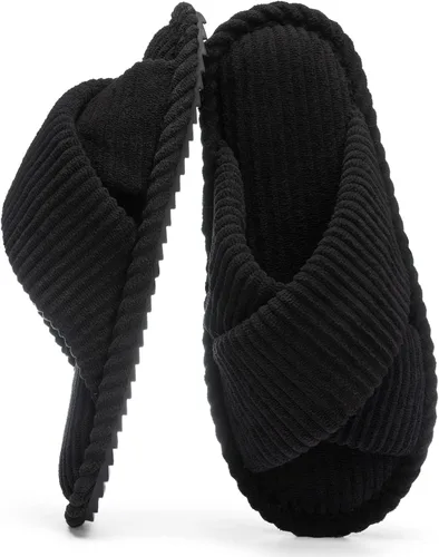 Miniatura 23 de GOEWY - Pantuflas para mujer con espuma viscoelástica para el hogar, con entretejido de pana, tiras cruzadas, con punta abierta, sandalias cómodas