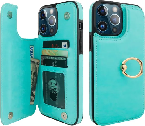 Miniatura 24 de ONETOP Funda tipo cartera para iPhone 13 Pro Max con soporte para tarjetas, anillo de rotación de 360°, función atril, bloqueo RFID, piel sintética