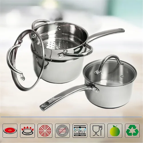 Miniatura 5 de Cacerola de acero inoxidable Tapa de vidrio Fundición Mango de acero Inducción Impacto Bonded 8 PCS Set Vapor