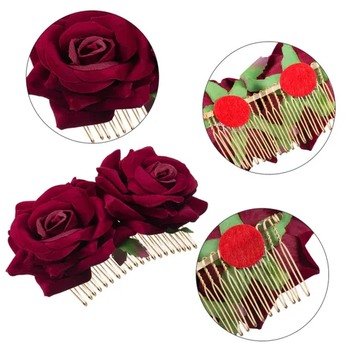 Miniatura 6 de Bememo Paquete de 2 pinzas para el pelo de rosas para mujer, peines laterales de rosas, flores flamencas, disfraces del Día de los Muertos