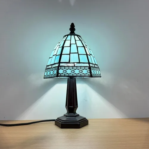 Miniatura 7 de Lámpara de Mesa Pequeña Estilo Tiffany, 3 Temperaturas de Color Rejilla Azul Lámparas de Mesa de Vidrio Emplomado, Luz Nocturna de Mesita de Noche