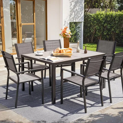 Miniatura 6 de Flamaker Juego de 6 sillas de patio de textileno para exteriores, sillas de comedor apilables para patio trasero, terraza, junto a la piscina (gris)