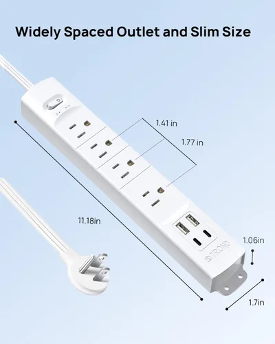 Miniatura 7 de TROND - Tira de alimentación de enchufe plano con cable de extensión plano USB de 10 pies, protector de sobretensión, montaje en pared, 2 puertos