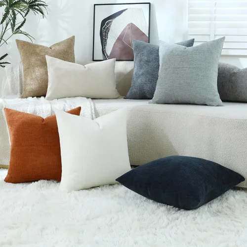 Miniatura 7 de Stellhome Blue Grey Chenille Throw Pillow Covers 16x16 Inch Set of 2, Soft Line Textured Cushion Cases, Modern Farmhouse Boho Home Decor for Couch