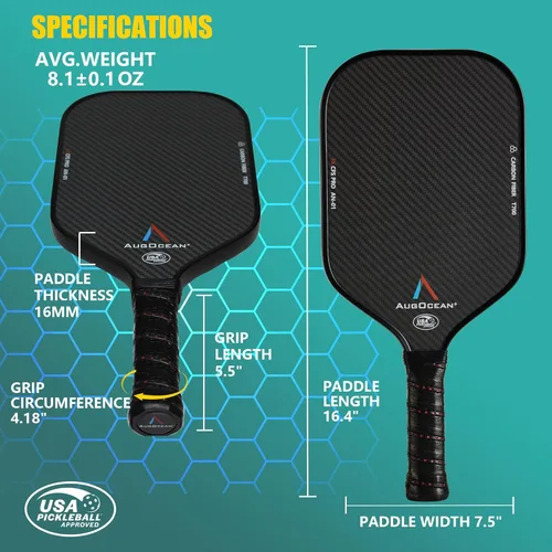 Miniatura 7 de Juego de 2 paletas de pickleball, juego de paletas de pickleball de carbono Pro, superficie de fibra de carbono 3K cruda con grano alto y giro