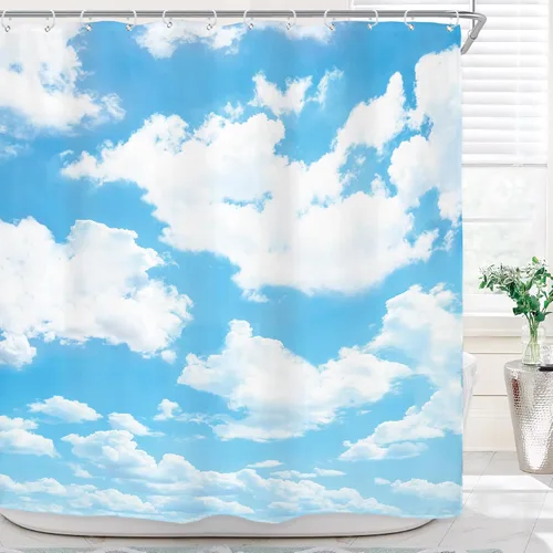 Riyidecor Cortina de ducha con diseño de nube blanca y cielo azul, paisaje natural, tela impermeable de 72 x 72 pulgadas, decoración de bañera de