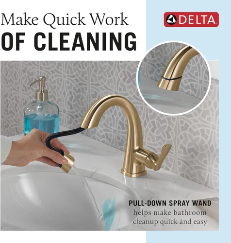 Miniatura 2 de Grifo Delta Stryke abatible para baño, grifo extraíble para baño, grifo de baño dorado de un solo orificio con rociador abatible, grifo de lavabo