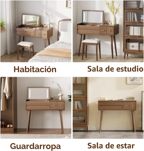 Miniatura 2 de KungFuWood Escritorio de tocador de maquillaje con 3 modos de iluminación, escritorio de tocador de madera maciza con espejo, mesa de tocador con 4