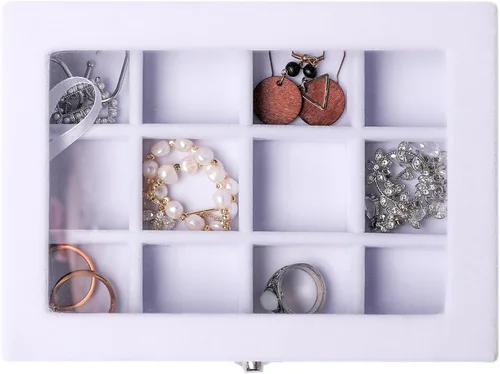 Miniatura 5 de Frebeauty Bandeja organizadora de joyas con tapa transparente, 12 rejillas de terciopelo para cajón con tapa transparente, vitrina de joyería